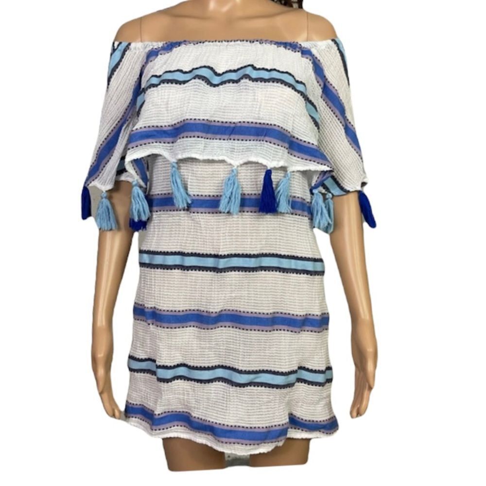 Spiaggia Dolce White Blue Striped Off The Shoulder Tassel Swim Cover-Up S